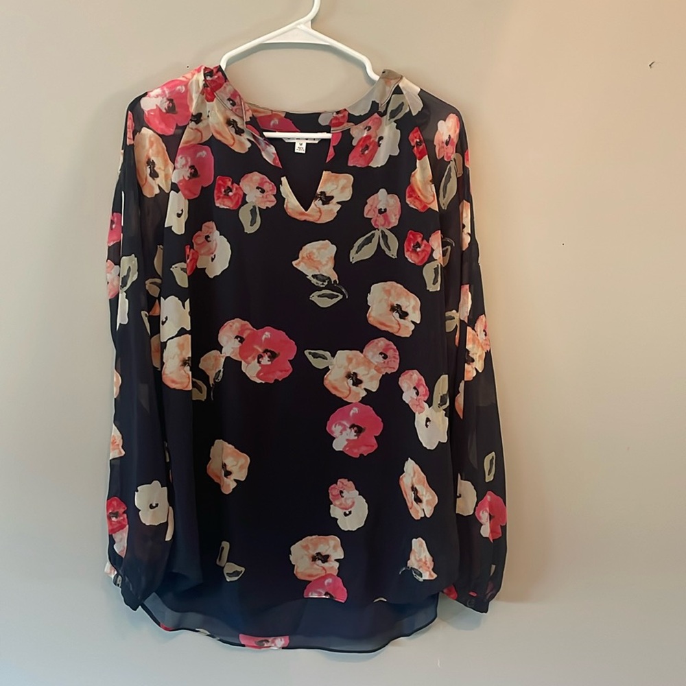 Cabi Black Blouse Poppy Floral Popover Navy Medium